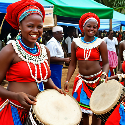 A vibrant Comorian festival scene. Women in colorful, hand-crafted traditional dresses adorned with beads and shells dance to the rhythm of local drums. Capture the energy and smiles, showcasing the symbolism of colors like red, blue, and green.